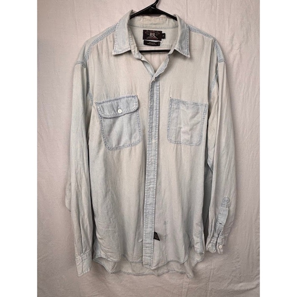 RRL Ralph Lauren Mens Light Wash Chambray Cotton Workshirt Long Sleeve L